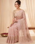 Pink Premium Banarasi Silk Saree with Floral Applique Work Saree