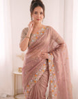 Pink Premium Tissue Banarasi Saree with Floral Embroidery Work Saree