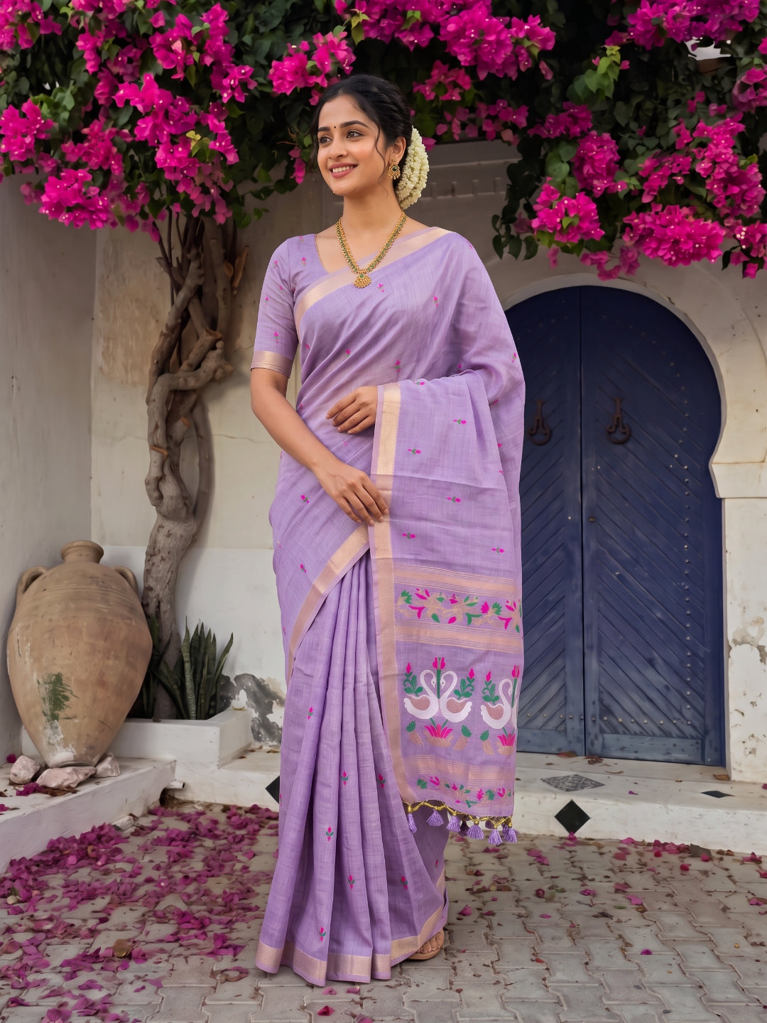 Lavender Premium Soft Muga Cotton Swan Pattern Saree