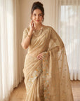 Gold Premium Tissue Banarasi Saree with Floral Embroidery Work Saree