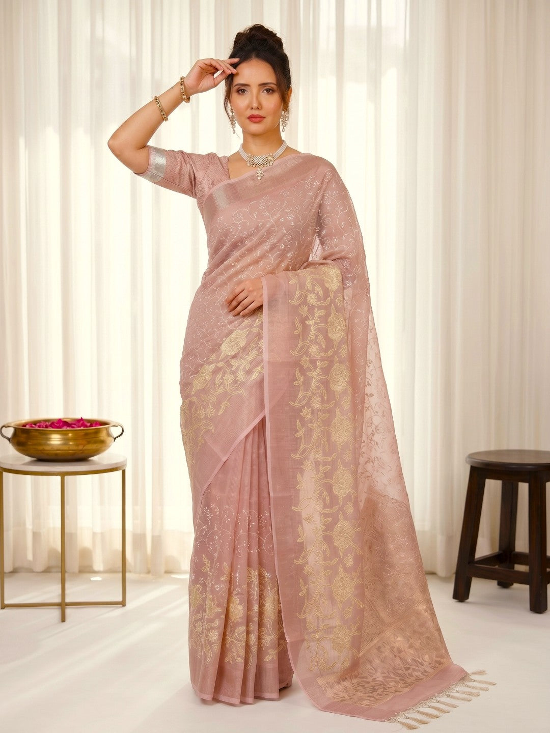 Coral Pink Premium Banarasi Silk Saree with Floral Applique Work Saree