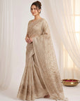 Chickoo Premium Banarasi Silk Saree with Floral Applique Work Saree