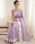 Lavender Crush Organza Silk Saree with Turkish Work Saree