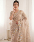 Chickoo Premium Tissue Banarasi Saree with Floral Embroidery Work Saree