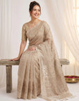 Chickoo Premium Banarasi Silk Saree with Floral Applique Work Saree