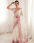White Crush Organza Silk Saree with Turkish Work Saree