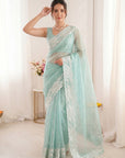 Sky Blue Crush Organza Silk Saree with Turkish Work Saree