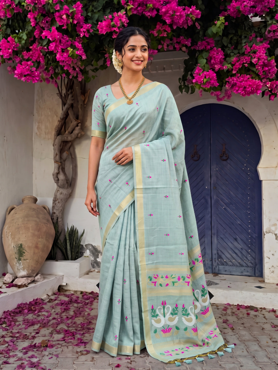 Sky Blue Premium Soft Muga Cotton Swan Pattern Saree
