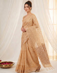 Peach Premium Banarasi Silk Saree with Floral Applique Work Saree