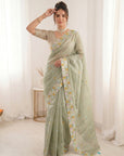 Pista Green Premium Tissue Banarasi Saree with Floral Embroidery Work Saree