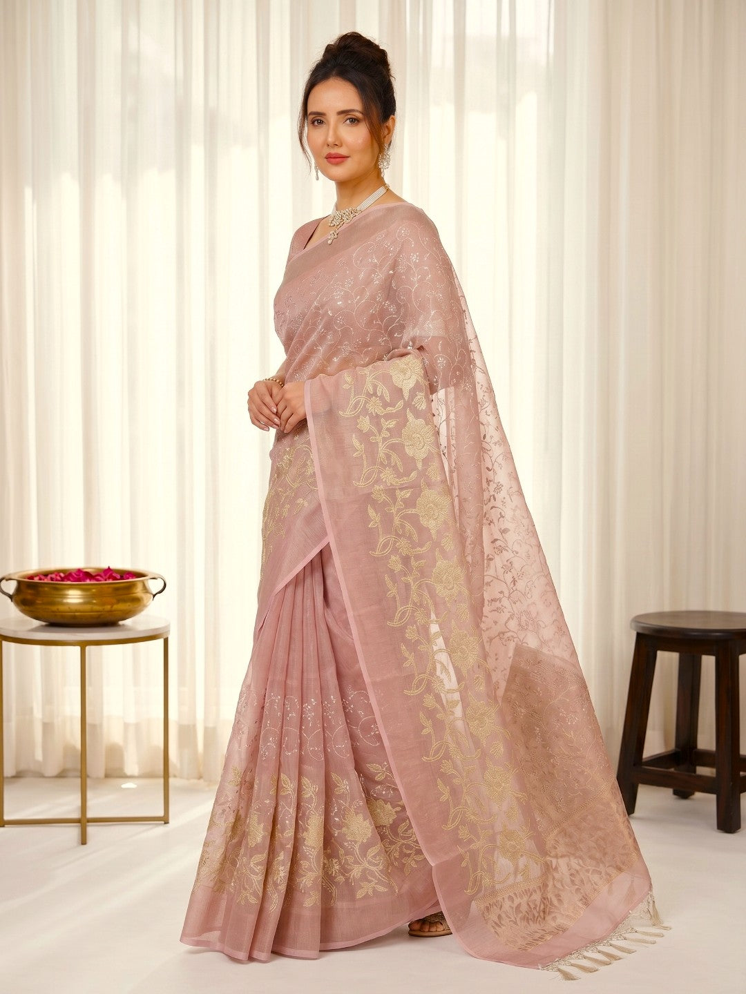 Coral Pink Premium Banarasi Silk Saree with Floral Applique Work Saree