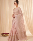 Pink Premium Banarasi Silk Saree with Floral Applique Work Saree