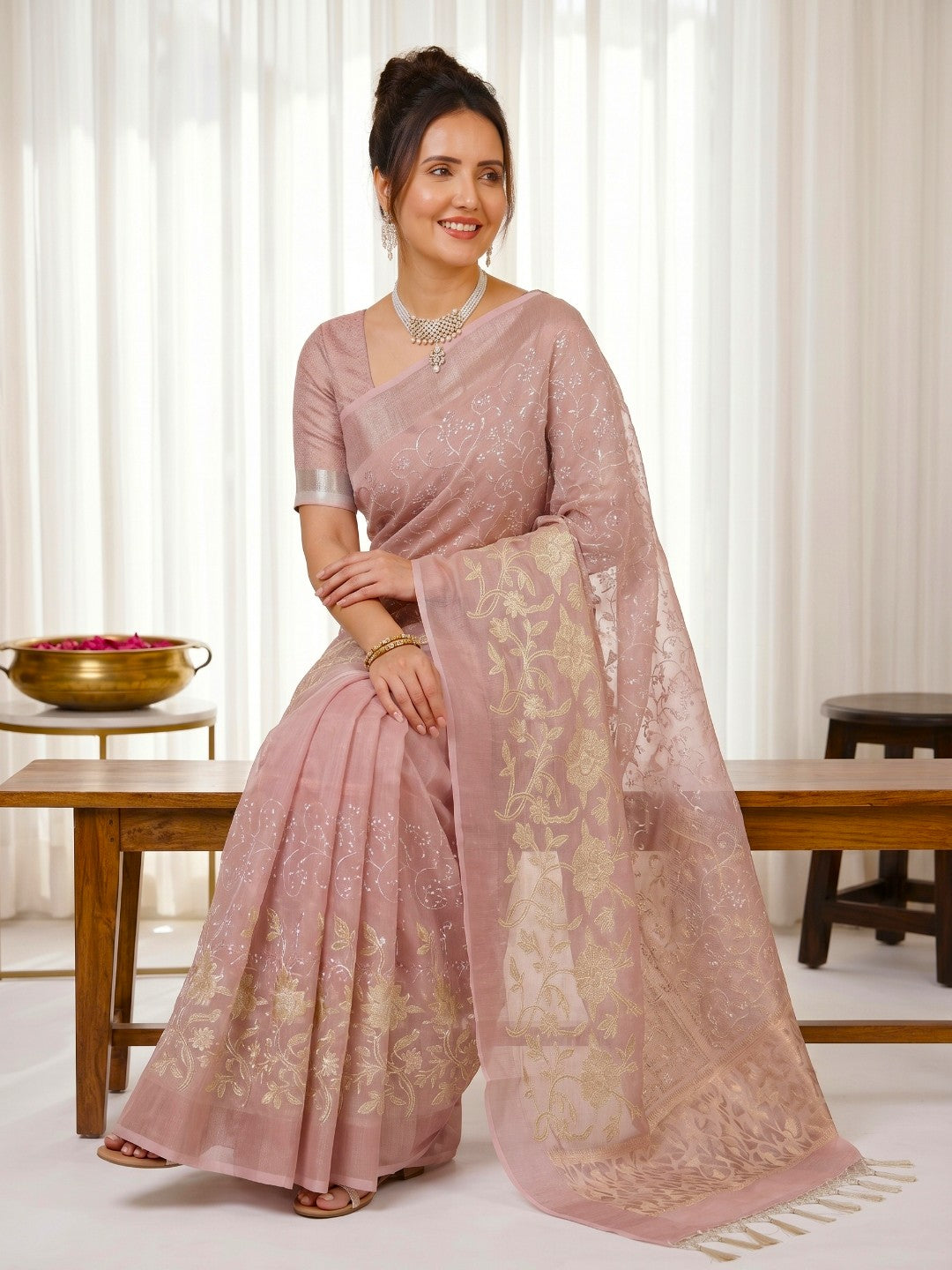 Coral Pink Premium Banarasi Silk Saree with Floral Applique Work Saree