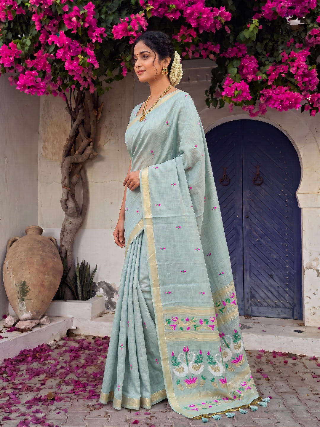 Sky Blue Premium Soft Muga Cotton Swan Pattern Saree