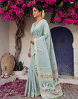 Sky Blue Premium Soft Muga Cotton Swan Pattern Saree