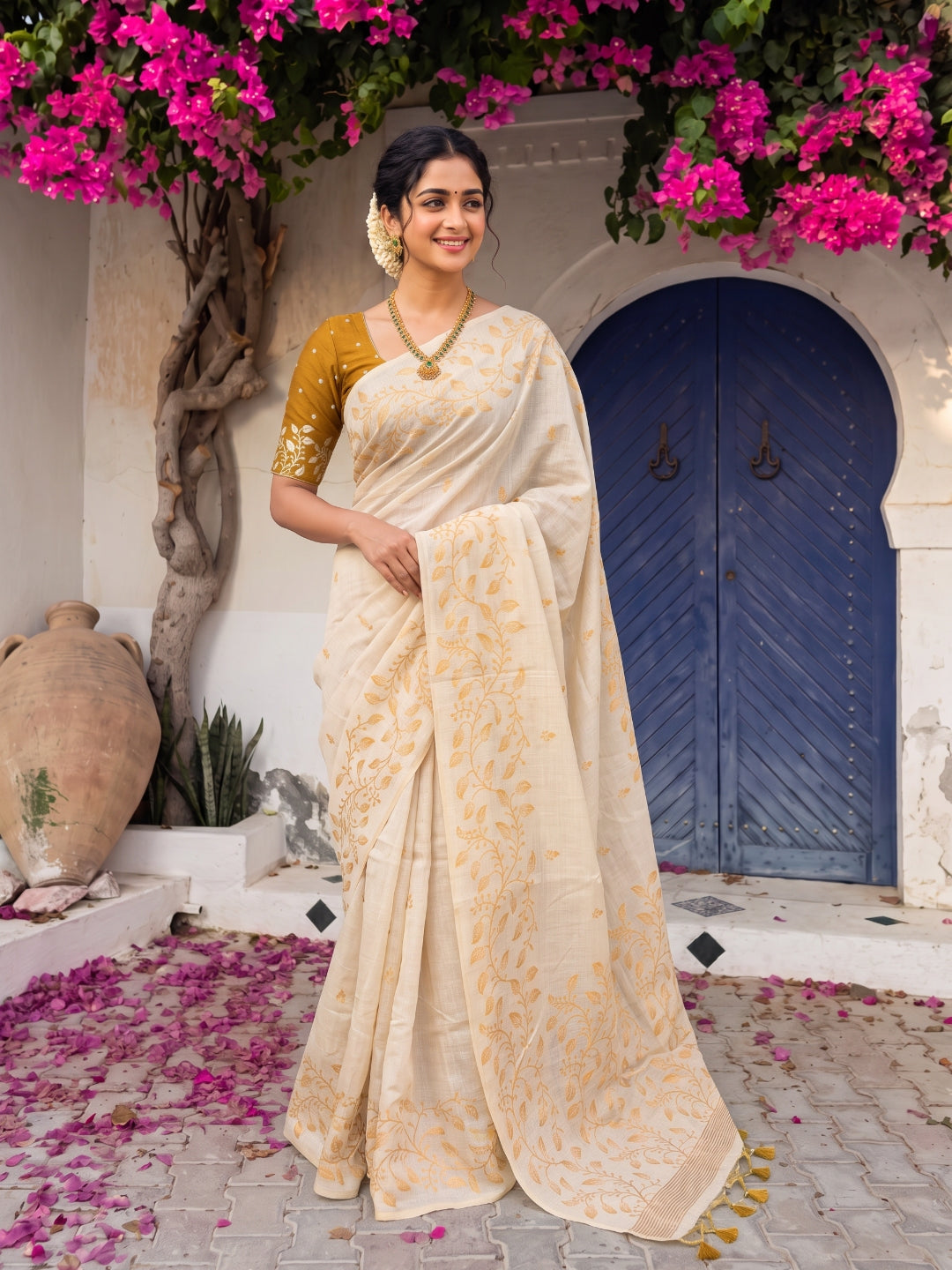 Yelllow Premium Soft Matka Cotton with Jamdani Concept Saree