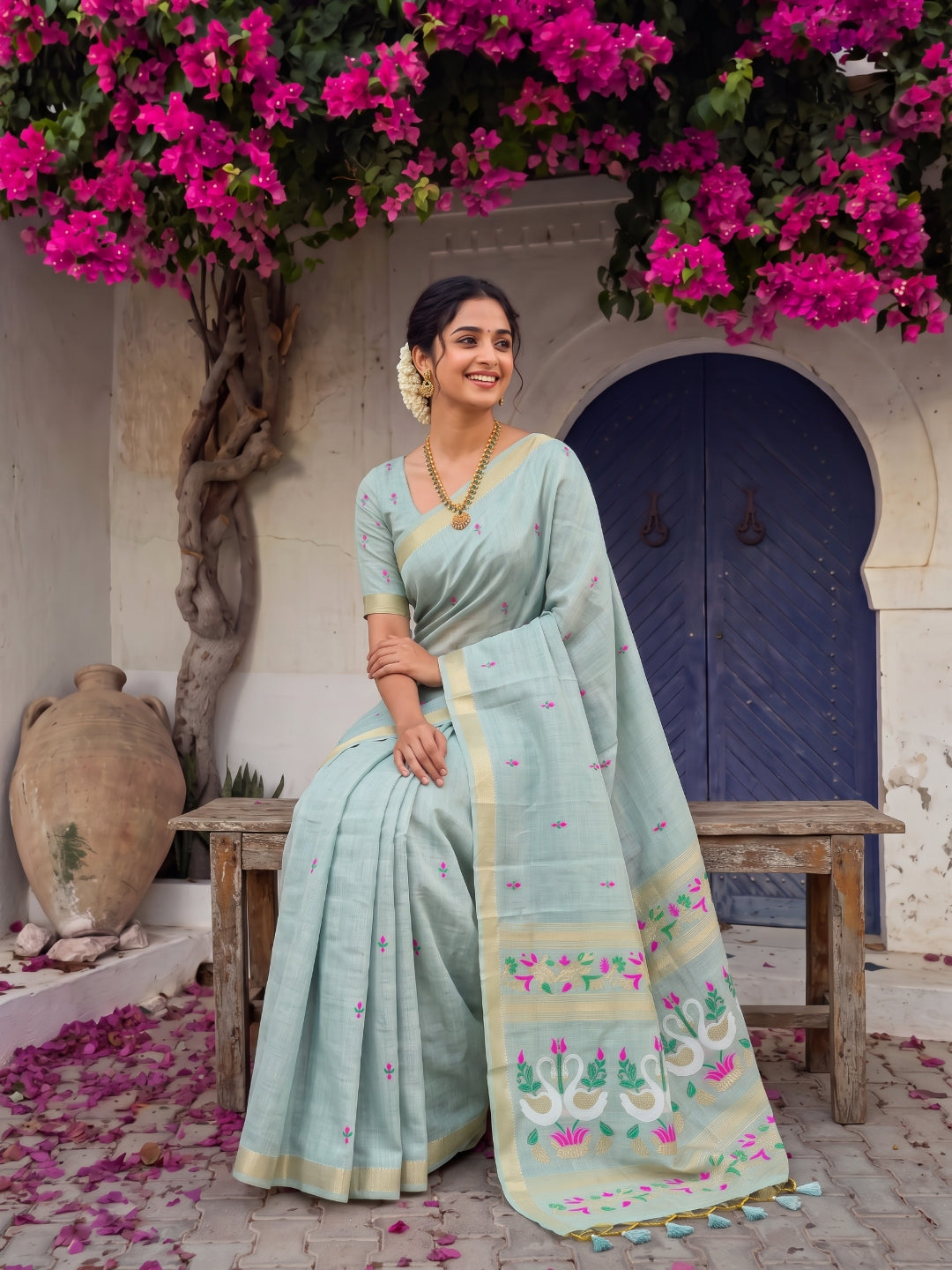 Sky Blue Premium Soft Muga Cotton Swan Pattern Saree