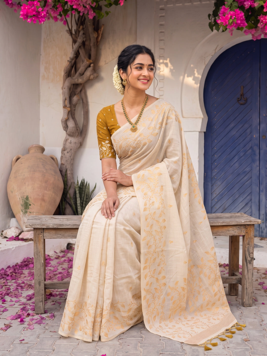 Yelllow Premium Soft Matka Cotton with Jamdani Concept Saree