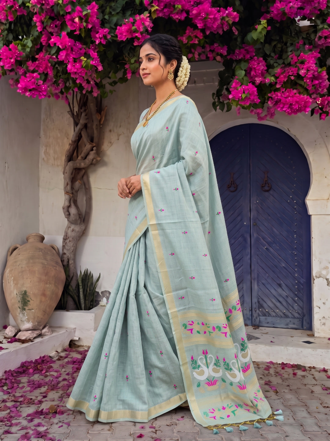 Sky Blue Premium Soft Muga Cotton Swan Pattern Saree