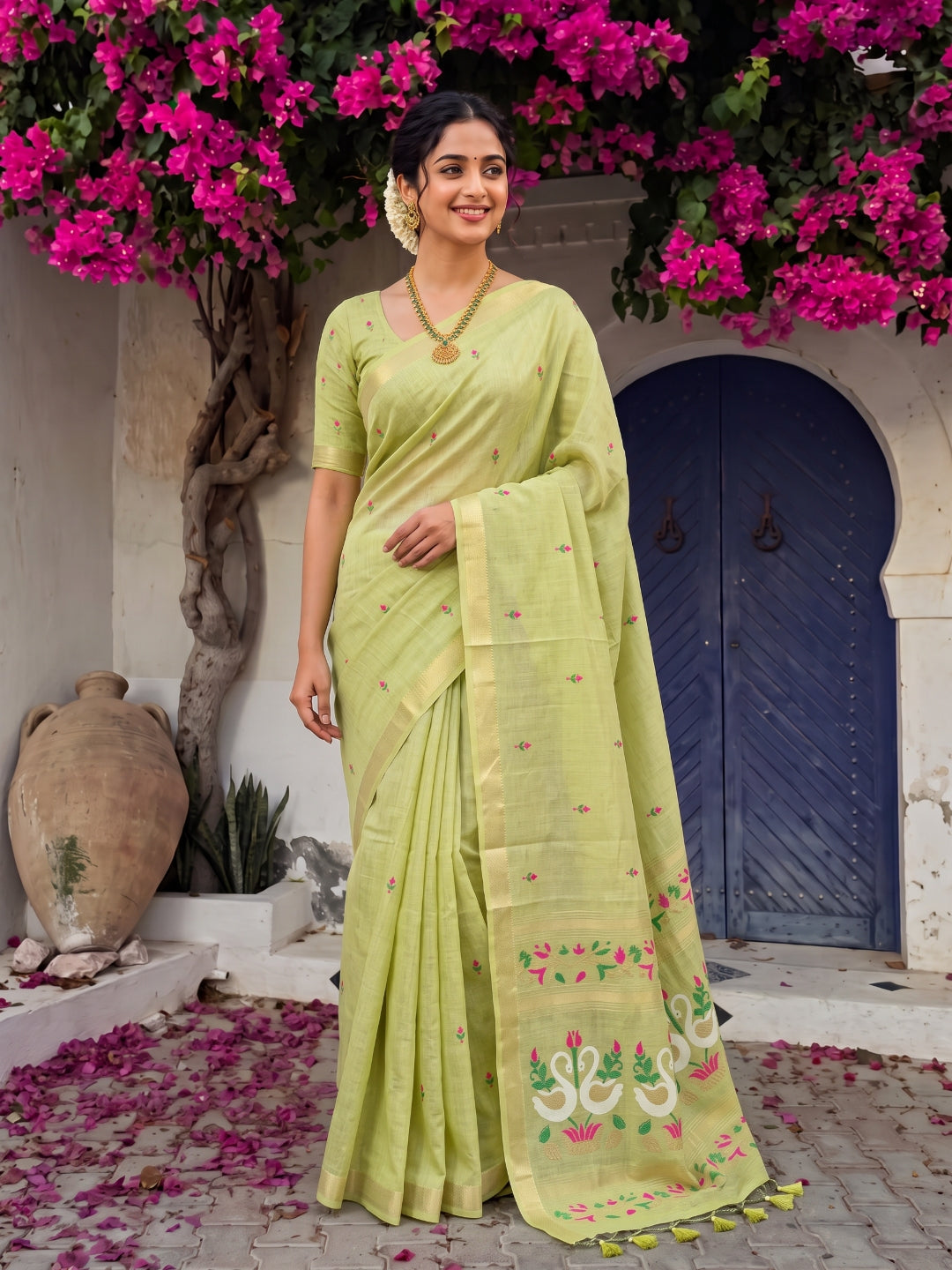 Pista Green Premium Soft Muga Cotton Swan Pattern Saree