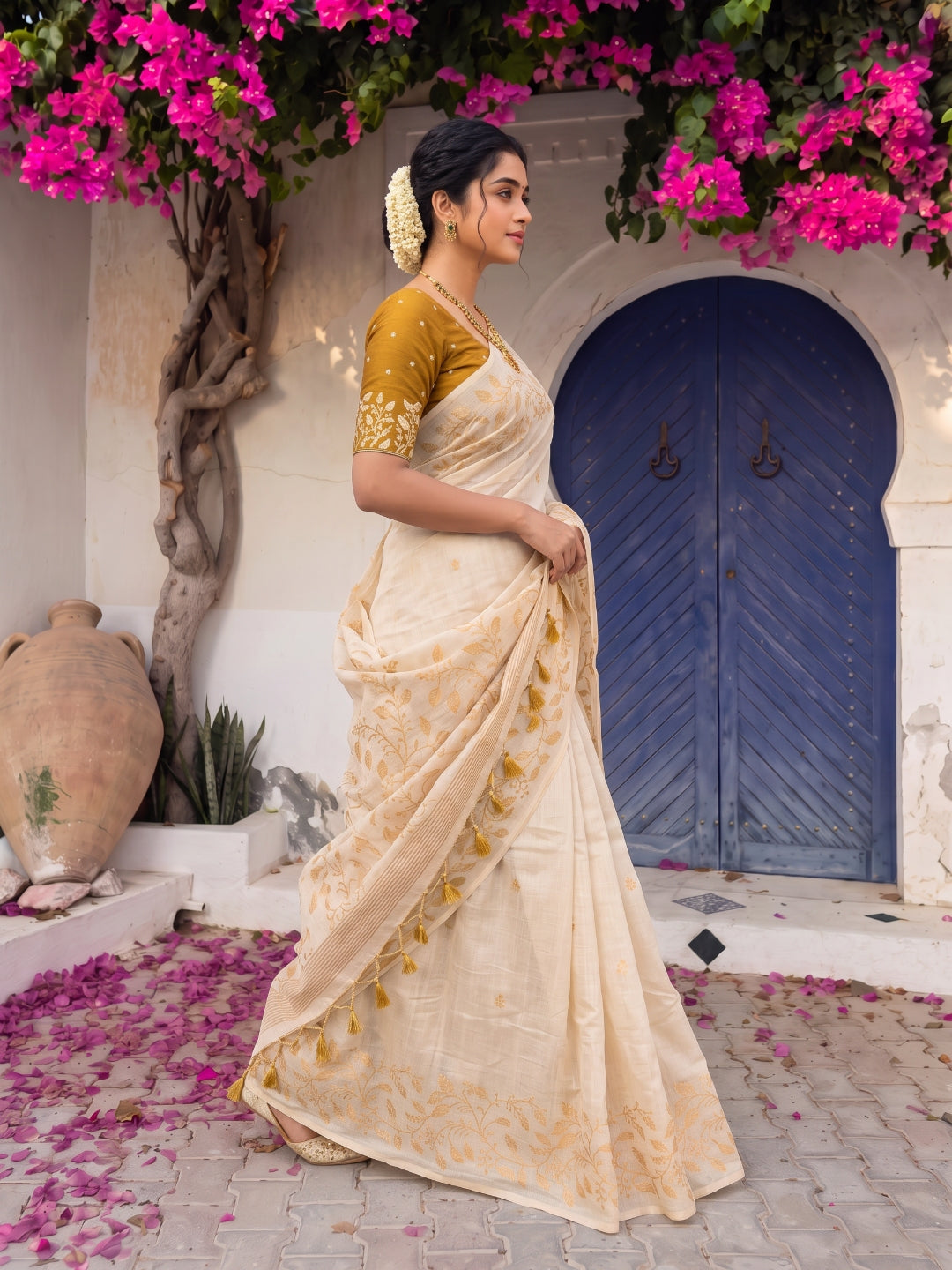 Yelllow Premium Soft Matka Cotton with Jamdani Concept Saree