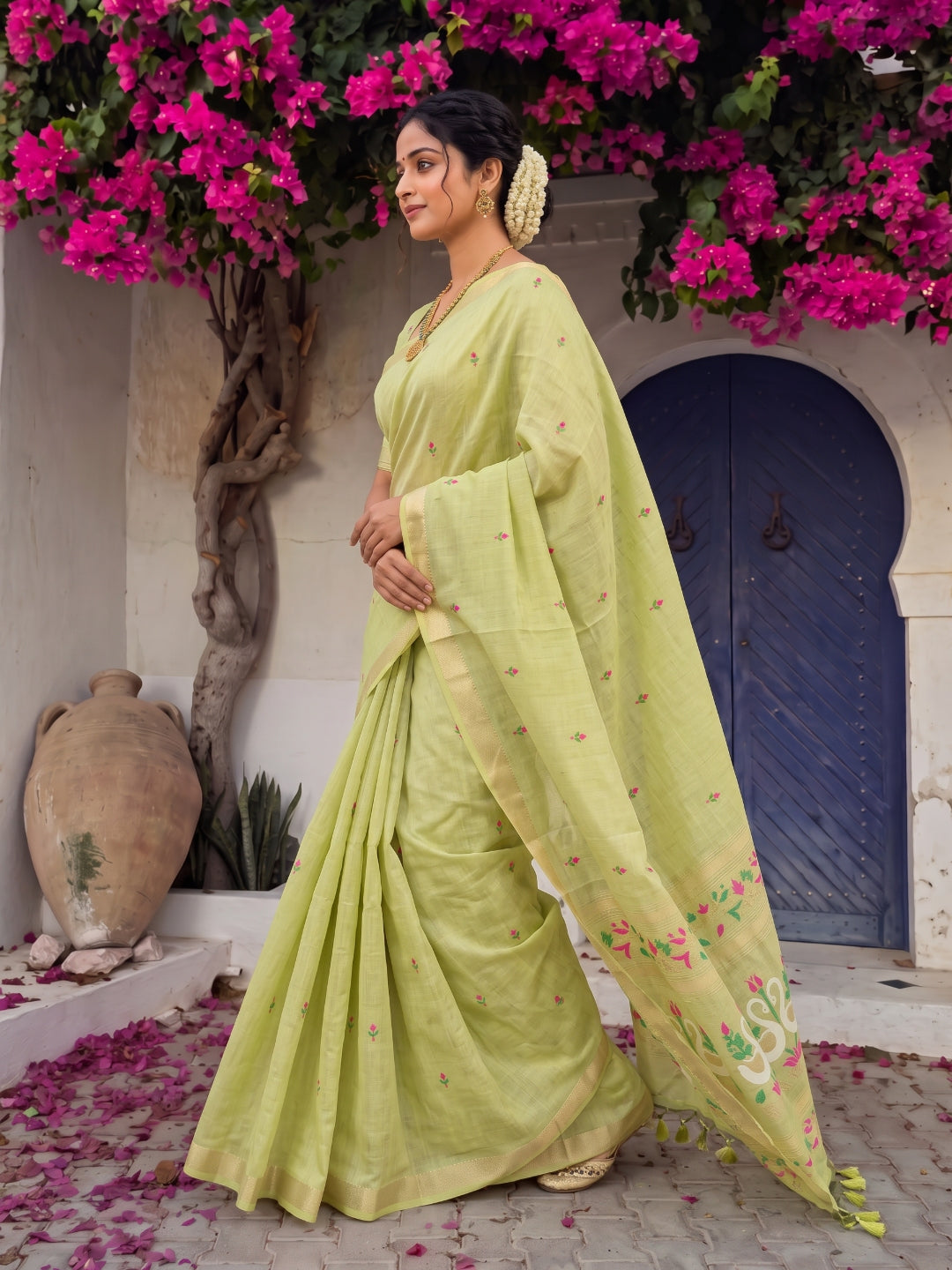 Pista Green Premium Soft Muga Cotton Swan Pattern Saree