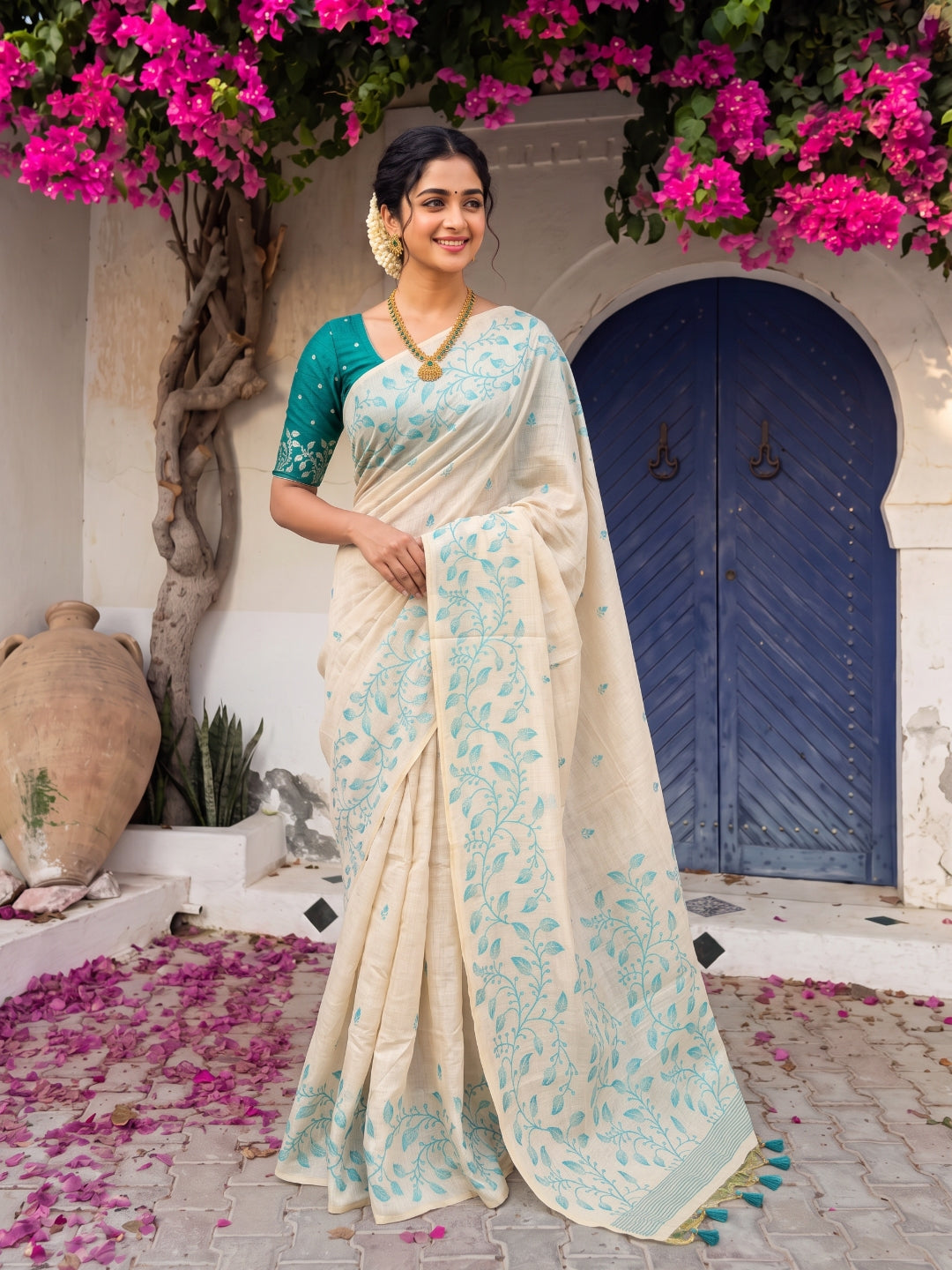 Sky Blue Premium Soft Matka Cotton with Jamdani Concept Saree