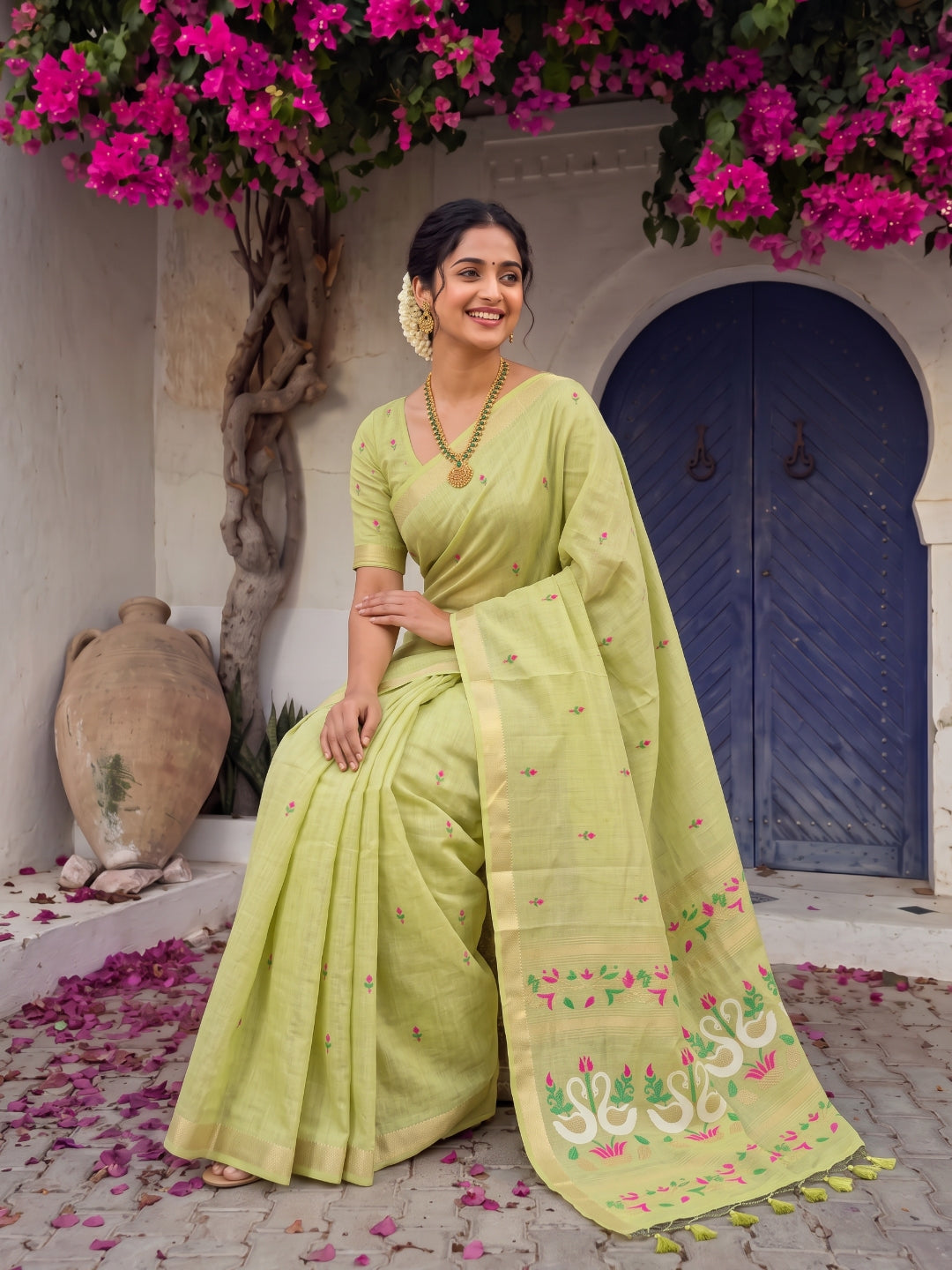 Pista Green Premium Soft Muga Cotton Swan Pattern Saree