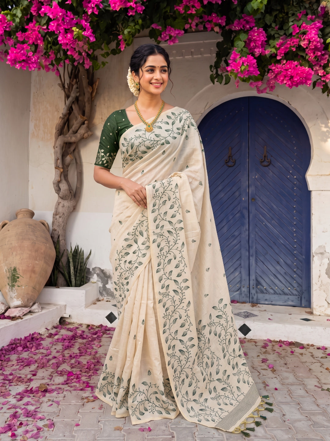 Bottle Green Premium Soft Matka Cotton with Jamdani Concept Saree