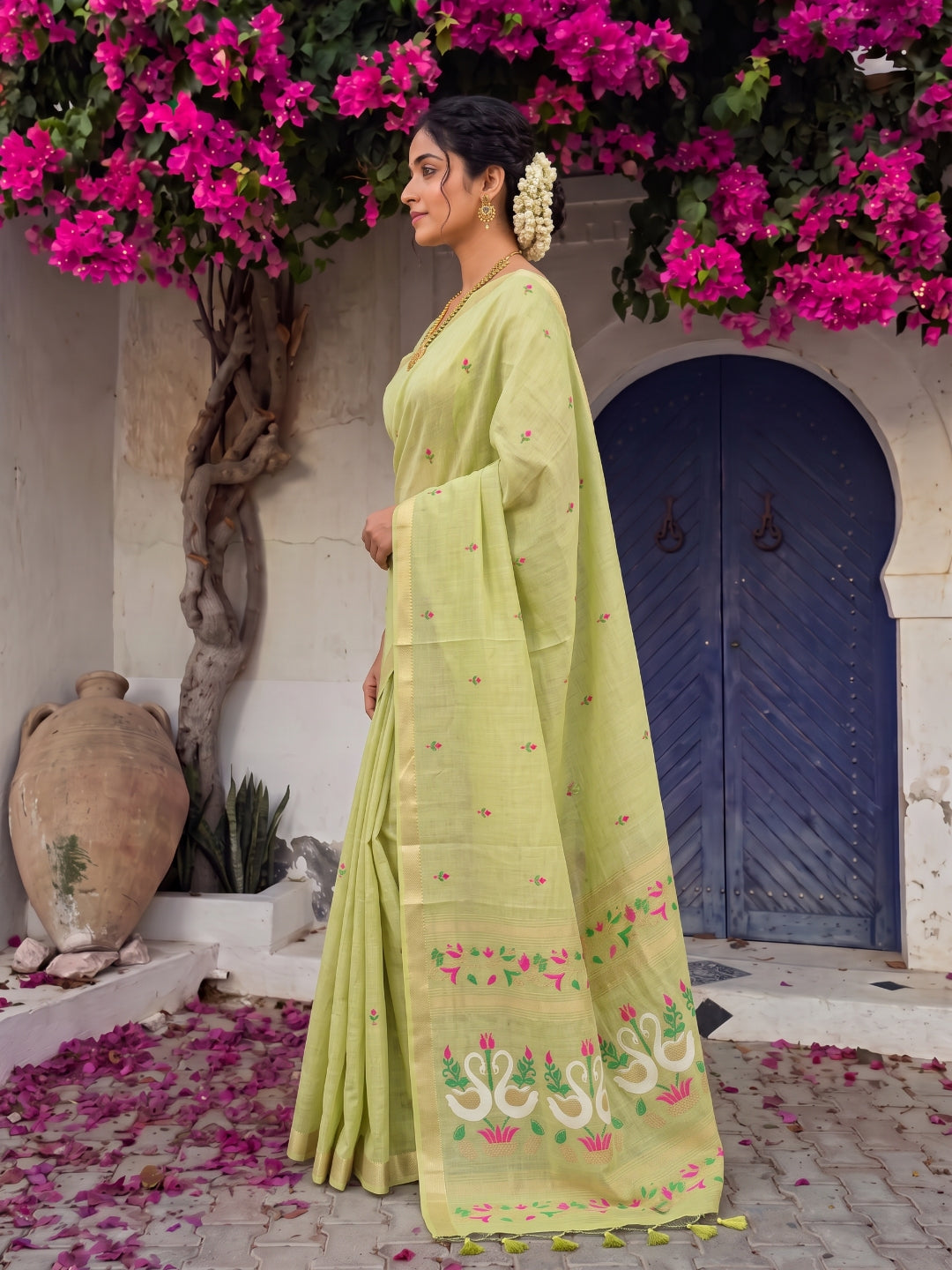 Pista Green Premium Soft Muga Cotton Swan Pattern Saree