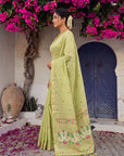 Pista Green Premium Soft Muga Cotton Swan Pattern Saree