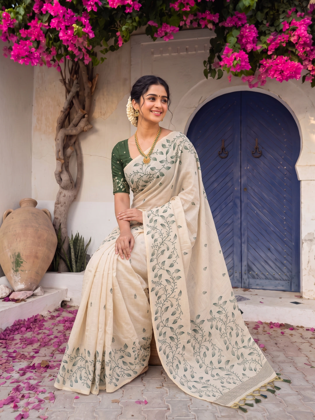 Bottle Green Premium Soft Matka Cotton with Jamdani Concept Saree