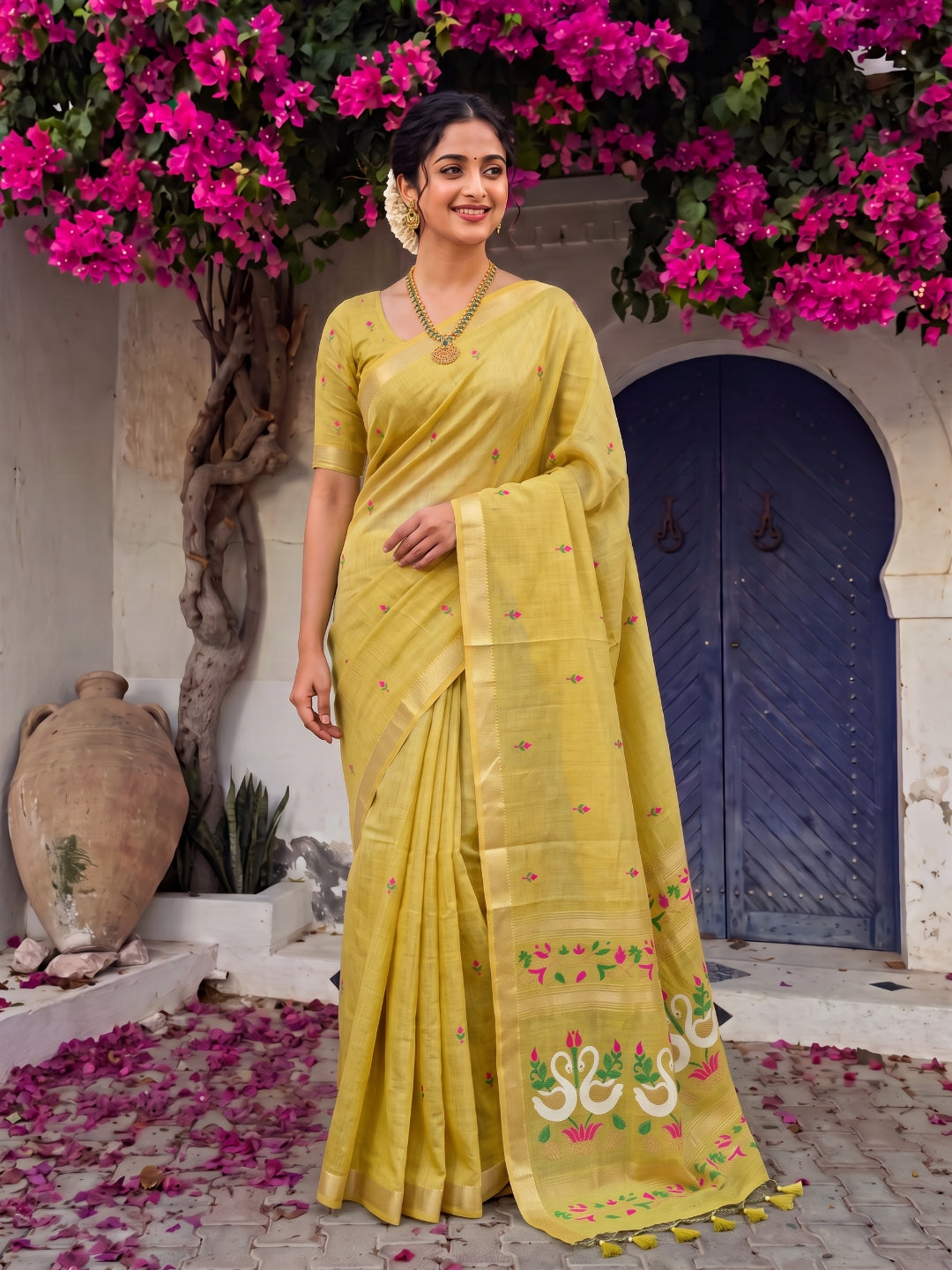 Yellow Premium Soft Muga Cotton Swan Pattern Saree