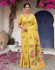 Yellow Soft Flora Cotton Resham Saree with Lotus Pattern Saree