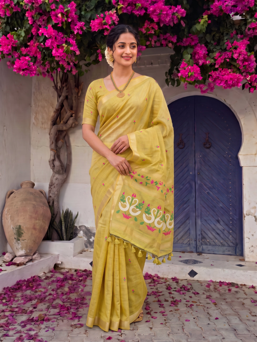 Yellow Premium Soft Muga Cotton Swan Pattern Saree
