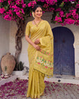 Yellow Premium Soft Muga Cotton Swan Pattern Saree