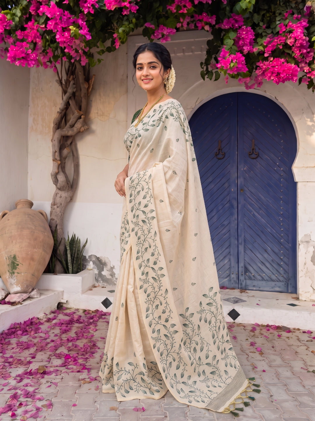 Bottle Green Premium Soft Matka Cotton with Jamdani Concept Saree