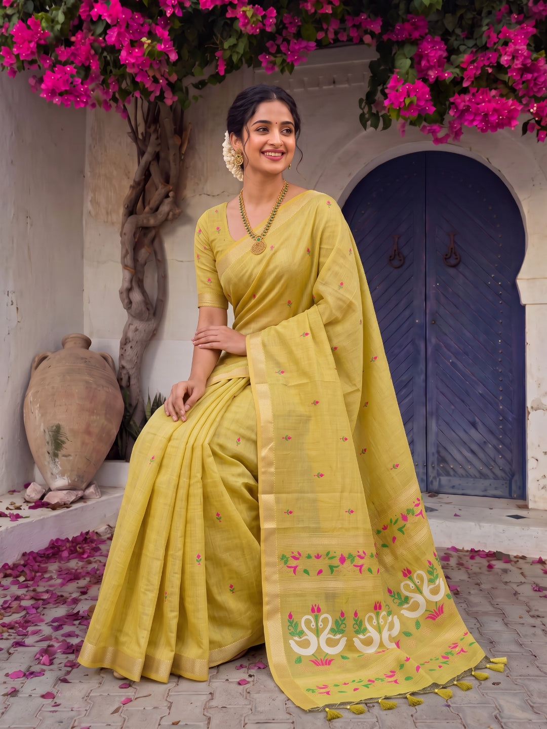 Yellow Premium Soft Muga Cotton Swan Pattern Saree