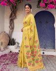 Yellow Soft Flora Cotton Resham Saree with Lotus Pattern Saree