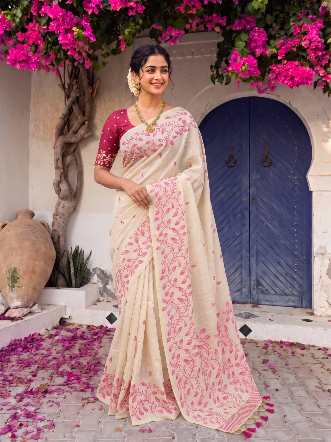 Pink Premium Soft Matka Cotton with Jamdani Concept Saree