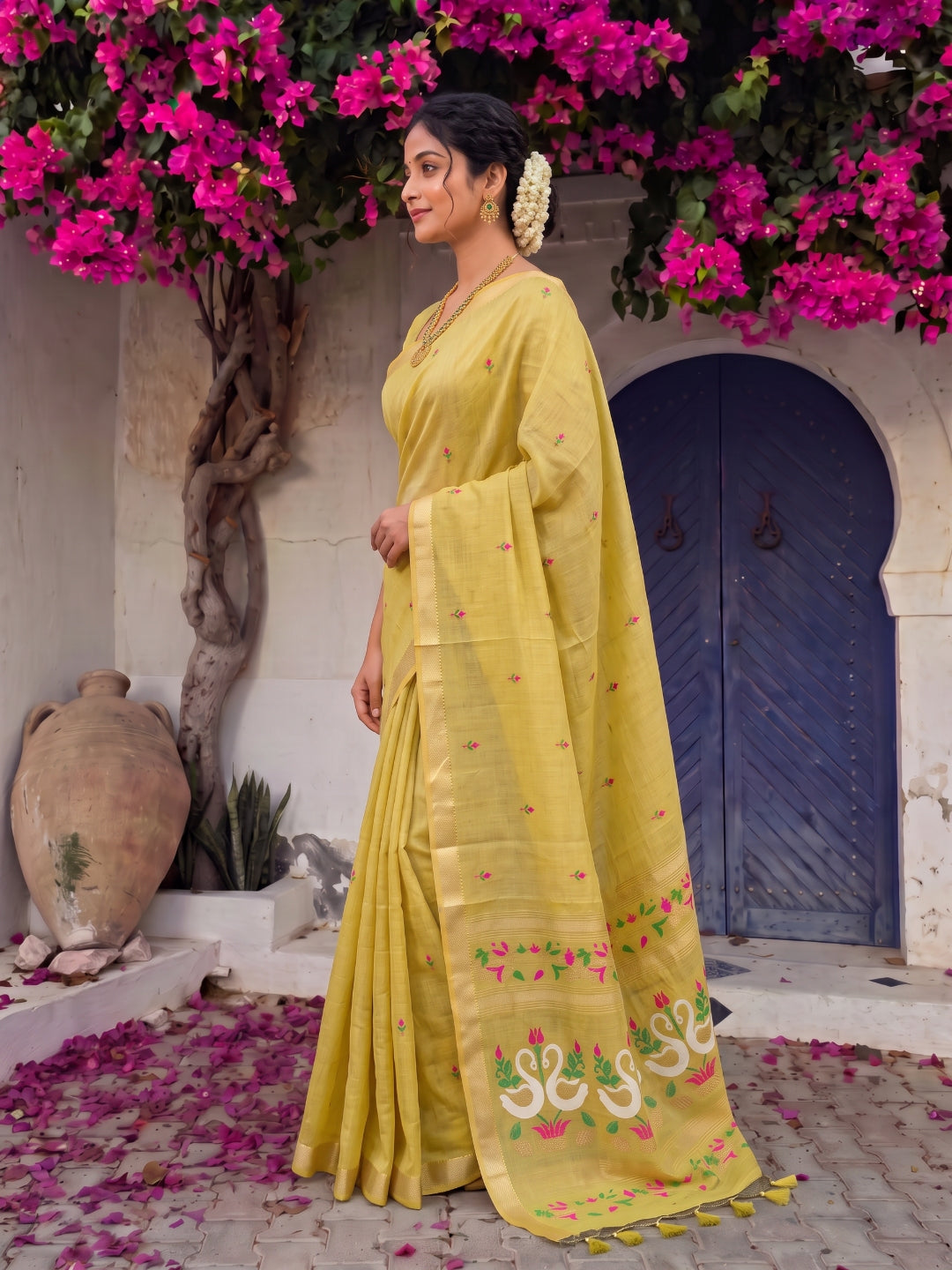 Yellow Premium Soft Muga Cotton Swan Pattern Saree