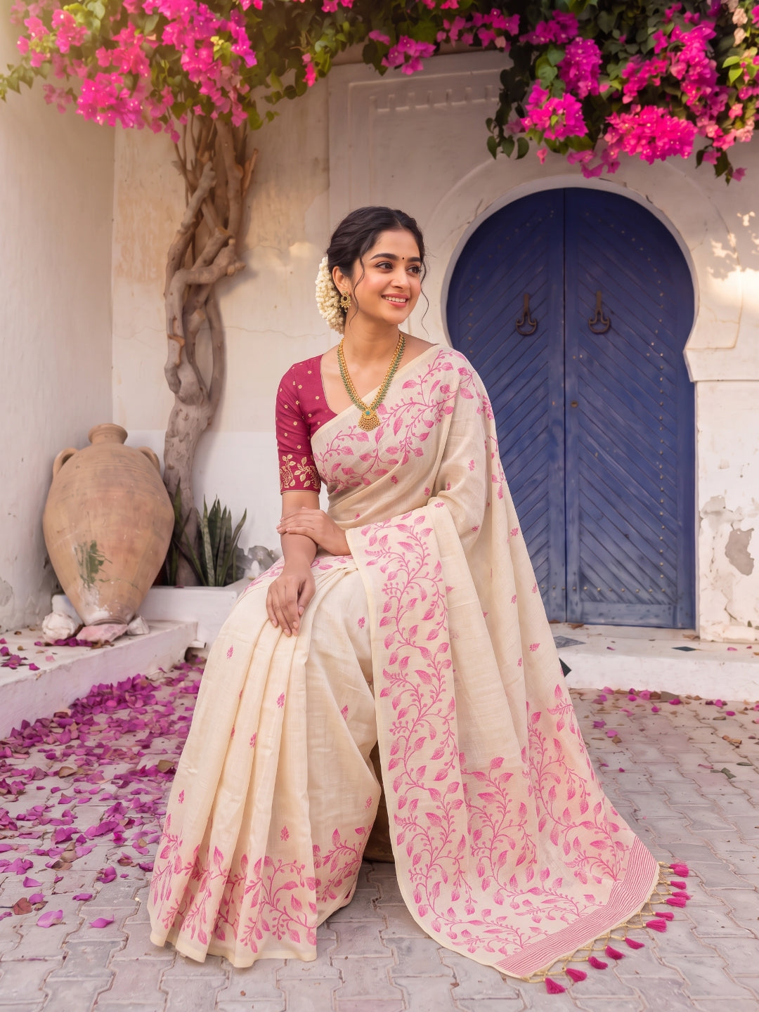Pink Premium Soft Matka Cotton with Jamdani Concept Saree