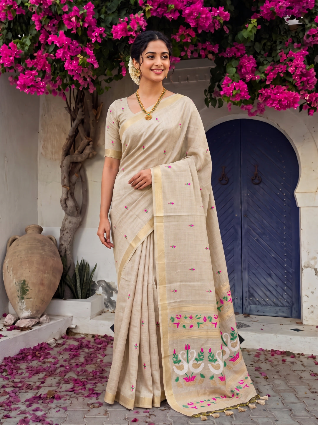 White Premium Soft Muga Cotton Swan Pattern Saree