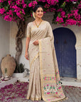 White Premium Soft Muga Cotton Swan Pattern Saree