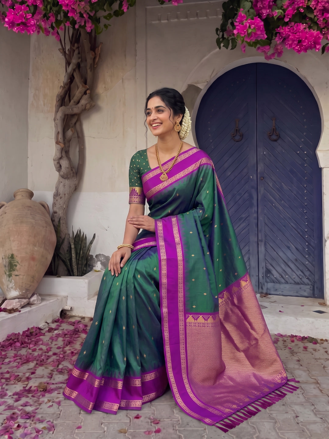 Peacock Blue Soft Ikkat Silk Zari Woven Saree with Rudraksham Concept Saree