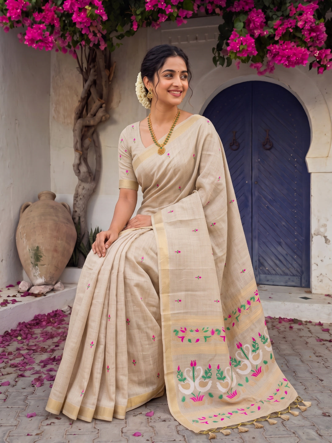 White Premium Soft Muga Cotton Swan Pattern Saree