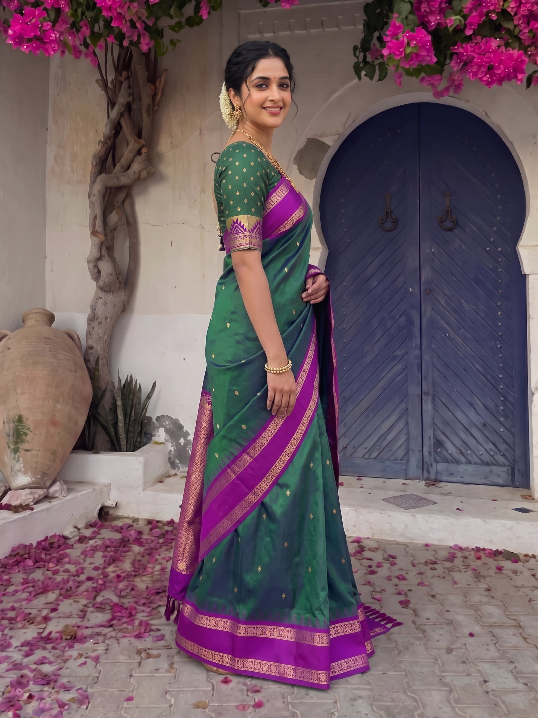 Peacock Blue Soft Ikkat Silk Zari Woven Saree with Rudraksham Concept Saree