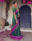Peacock Blue Soft Ikkat Silk Zari Woven Saree with Rudraksham Concept Saree