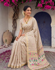White Premium Soft Muga Cotton Swan Pattern Saree