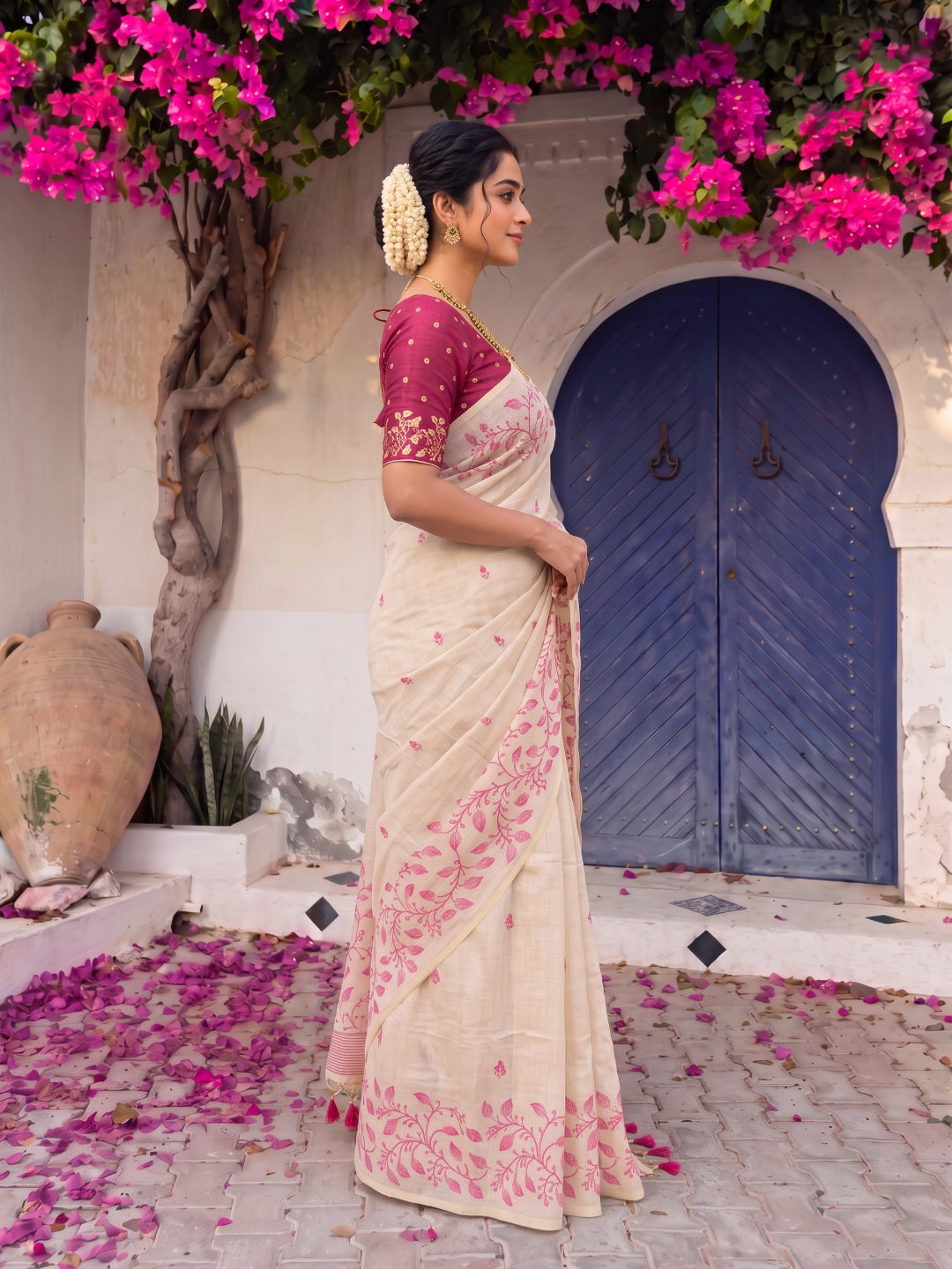 Pink Premium Soft Matka Cotton with Jamdani Concept Saree